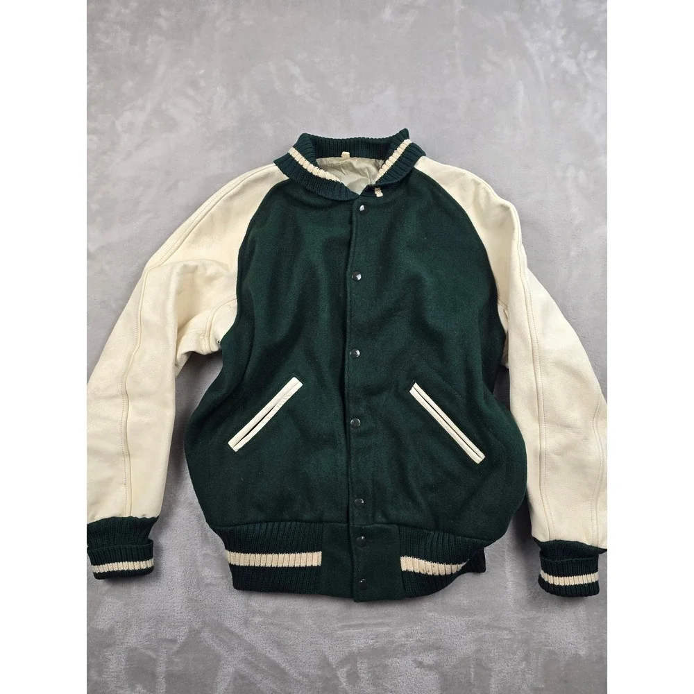 Vintage Lasley Knitting Co Varsity Jacket Mens 42 Green Wool Leather Bomber